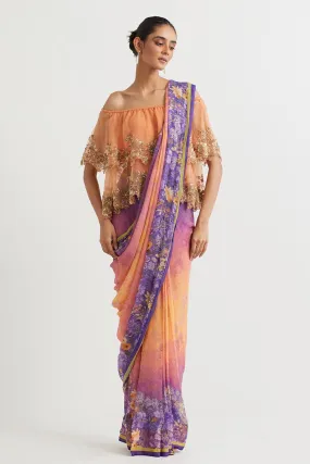 Multicolour Pre-Stitched Saree With Embroidered Cape