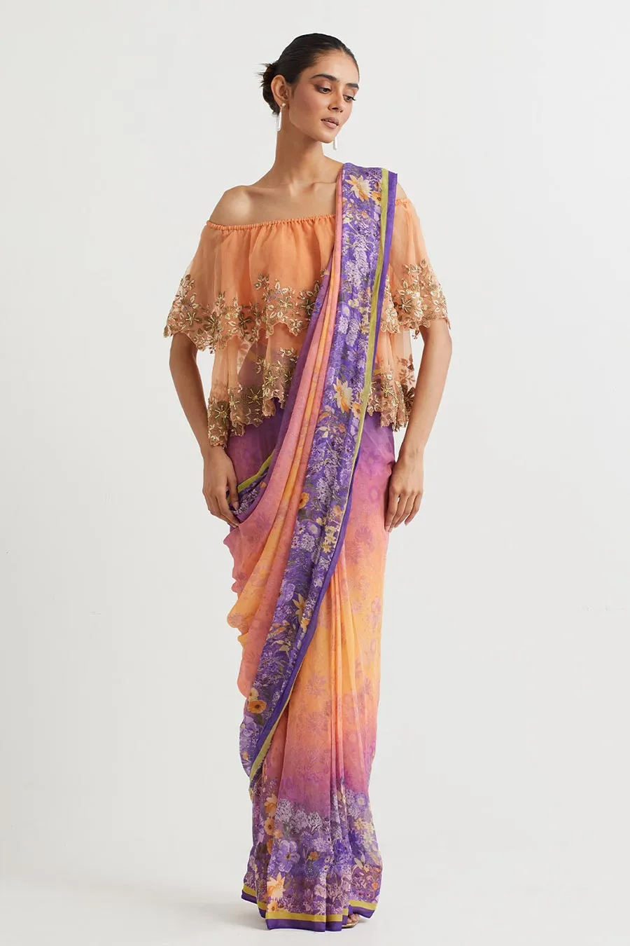 Multicolour Pre-Stitched Saree With Embroidered Cape
