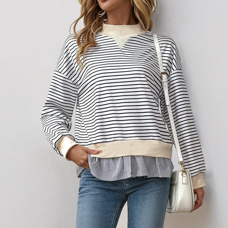 New Casual Long Sleeve T-shirt Autumn Crew Neck Striped Stitching Fake Two-Piece Top for Women