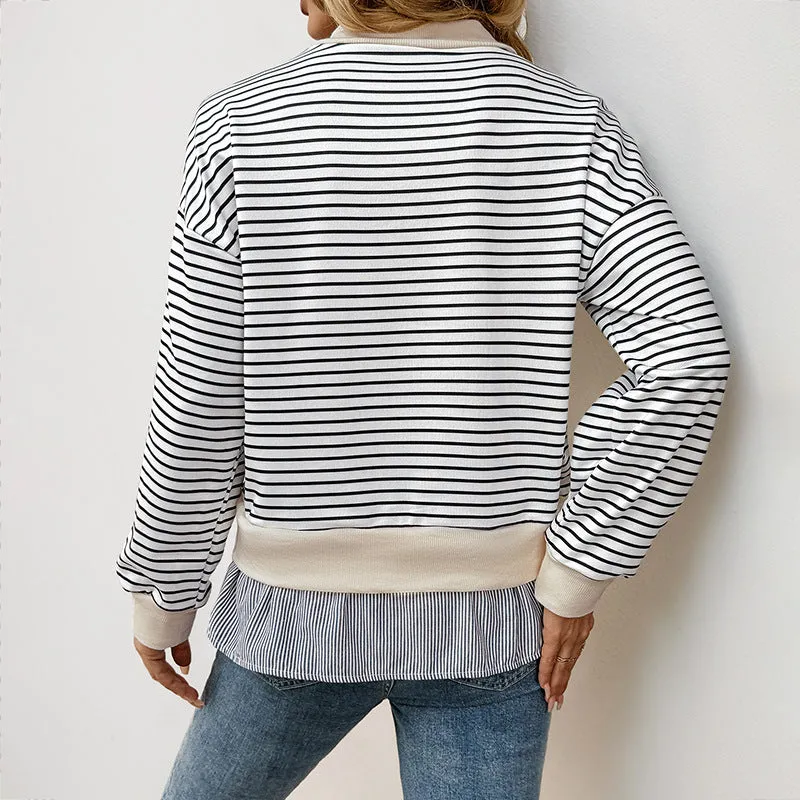 New Casual Long Sleeve T-shirt Autumn Crew Neck Striped Stitching Fake Two-Piece Top for Women
