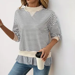 New Casual Long Sleeve T-shirt Autumn Crew Neck Striped Stitching Fake Two-Piece Top for Women