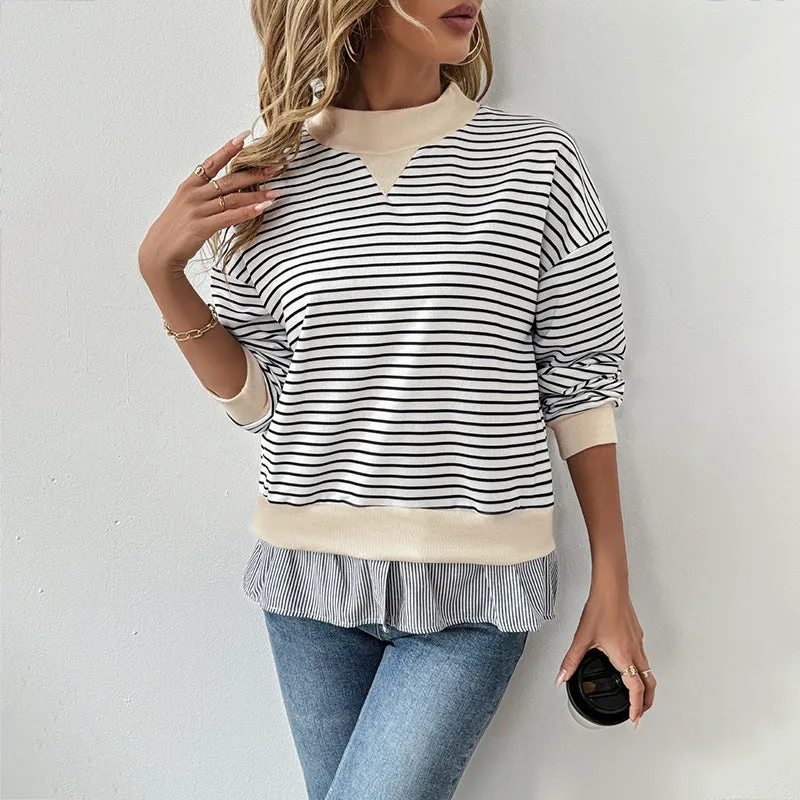 New Casual Long Sleeve T-shirt Autumn Crew Neck Striped Stitching Fake Two-Piece Top for Women