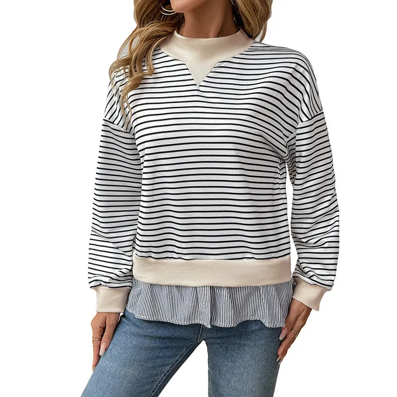 New Casual Long Sleeve T-shirt Autumn Crew Neck Striped Stitching Fake Two-Piece Top for Women