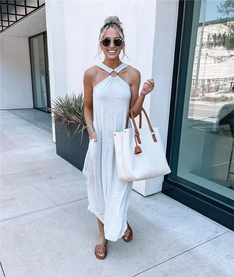 Off Shoulder Casual Comfortable Halter Long Pocket Dress