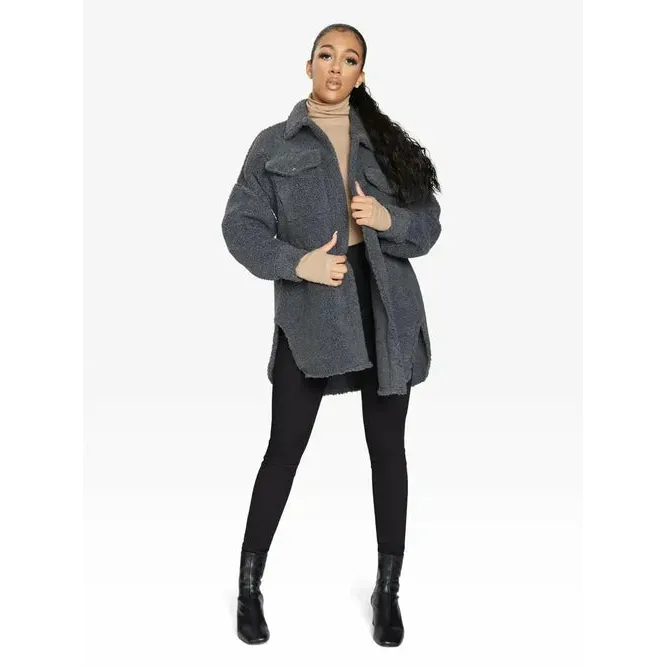 Oversized Stud Button Borg Teddy Shacket