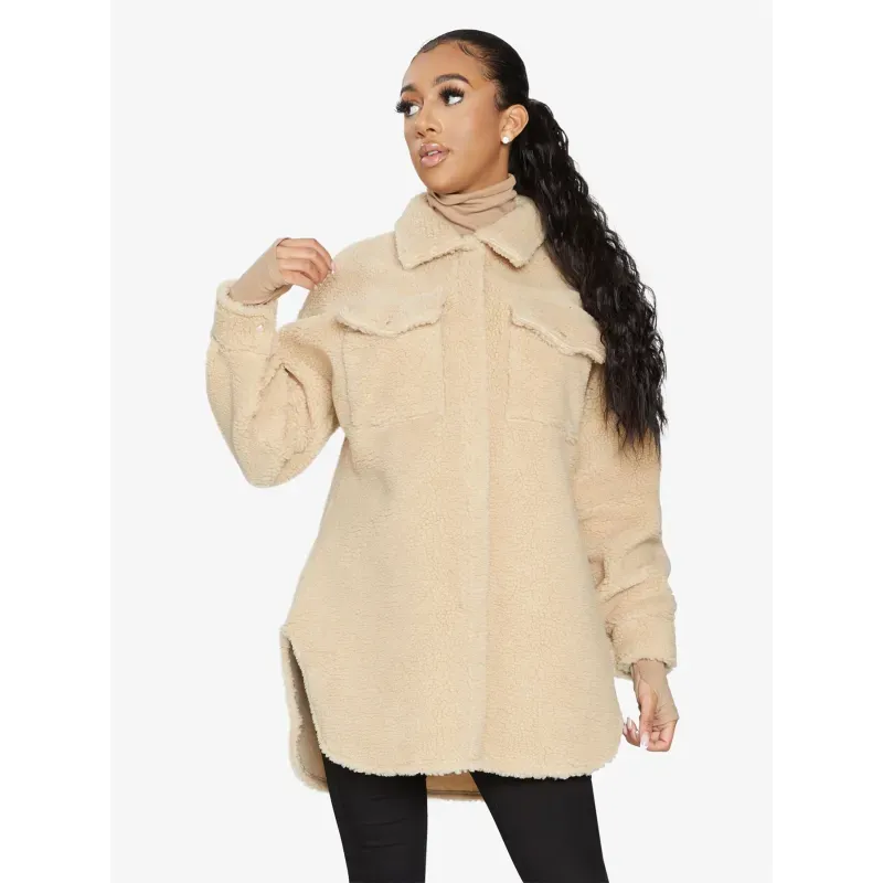 Oversized Stud Button Borg Teddy Shacket