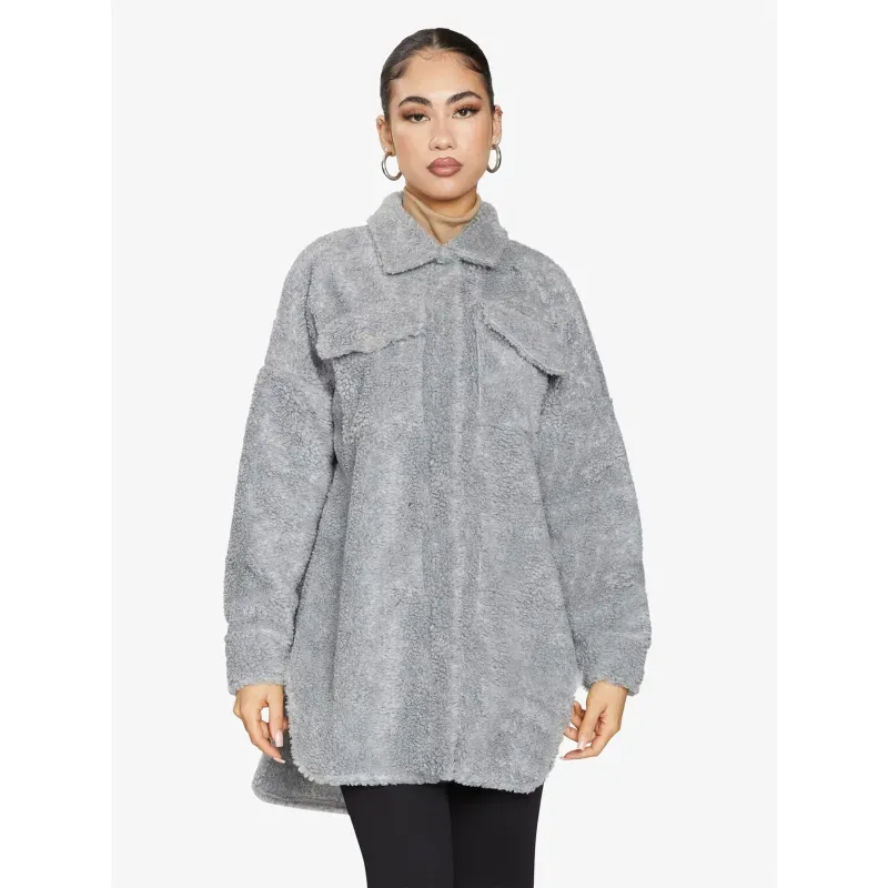 Oversized Stud Button Borg Teddy Shacket