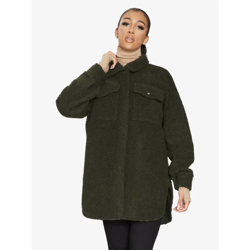 Oversized Stud Button Borg Teddy Shacket