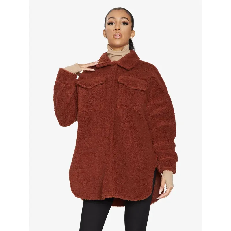 Oversized Stud Button Borg Teddy Shacket