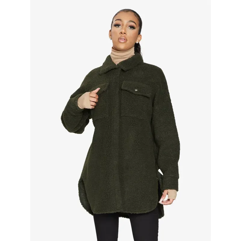 Oversized Stud Button Borg Teddy Shacket