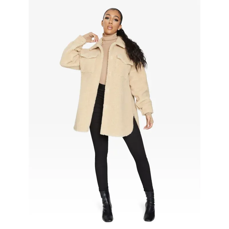 Oversized Stud Button Borg Teddy Shacket