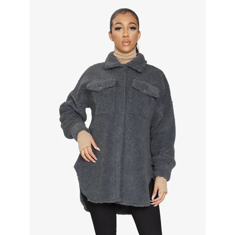 Oversized Stud Button Borg Teddy Shacket