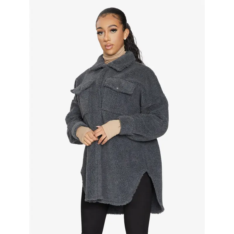 Oversized Stud Button Borg Teddy Shacket