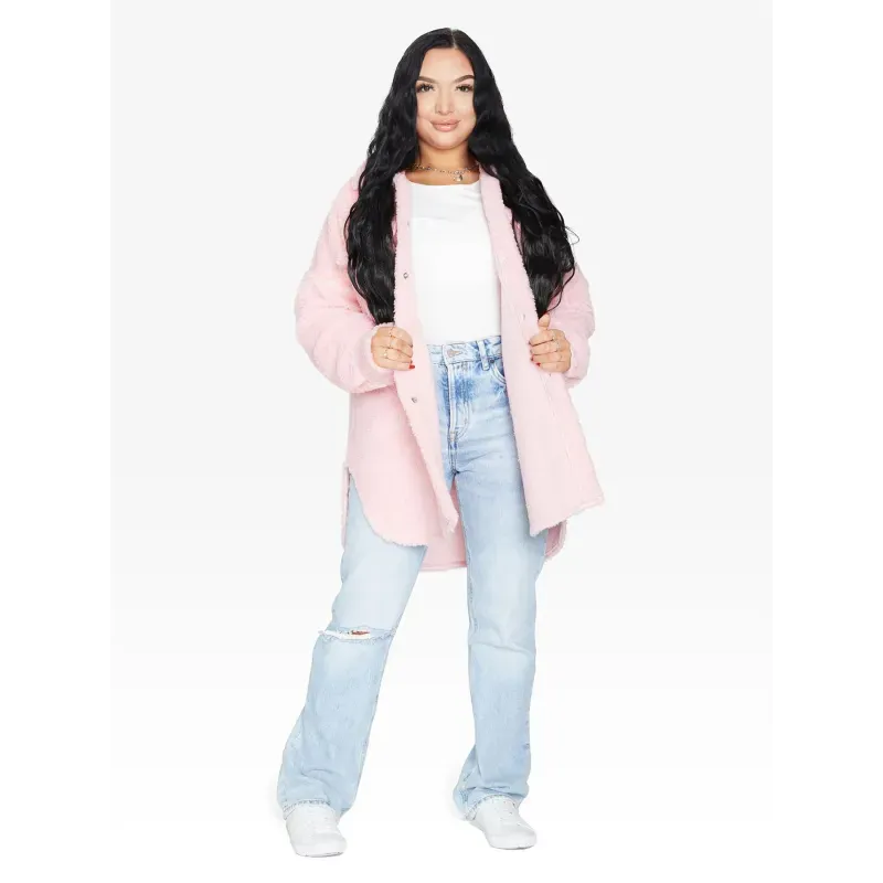 Oversized Stud Button Borg Teddy Shacket