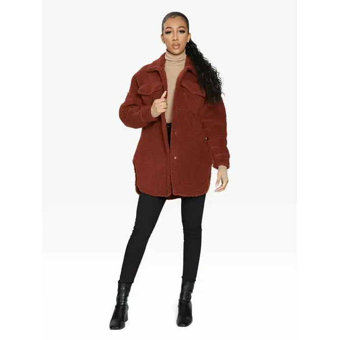 Oversized Stud Button Borg Teddy Shacket