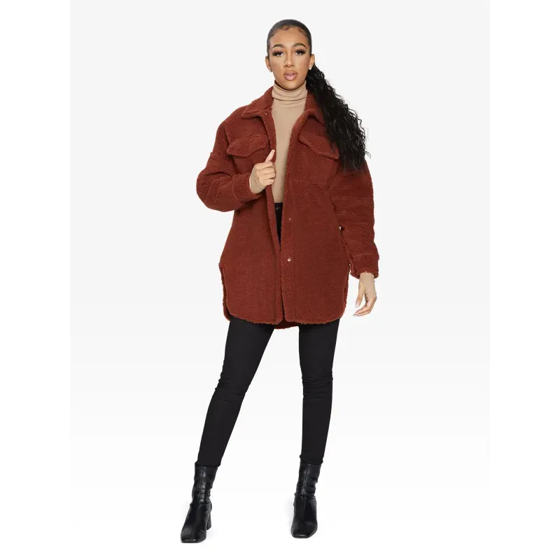 Oversized Stud Button Borg Teddy Shacket
