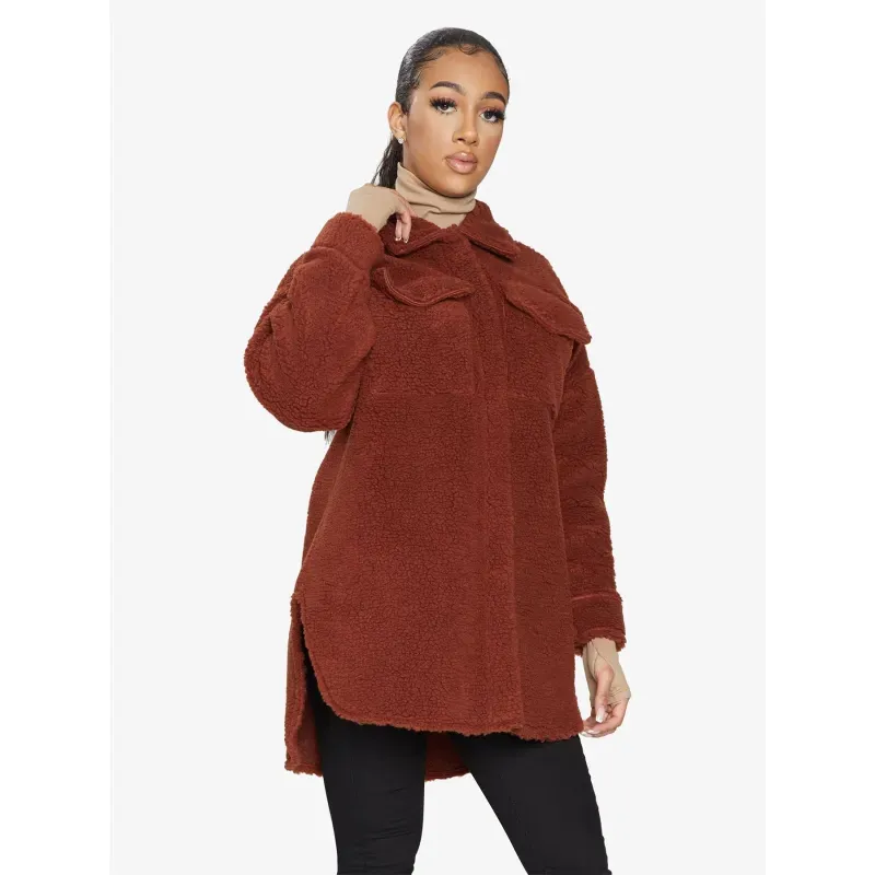 Oversized Stud Button Borg Teddy Shacket