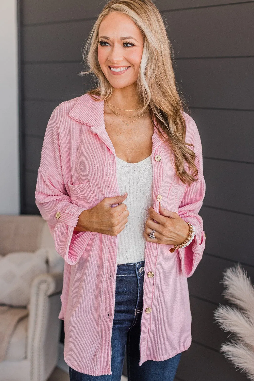 Pink Roll Tab Sleeve Ribbed Cording Shacket