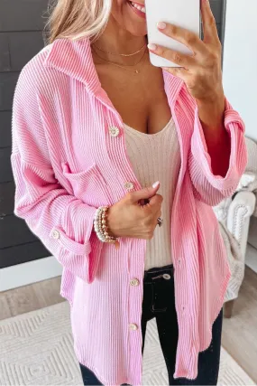 Pink Roll Tab Sleeve Ribbed Cording Shacket