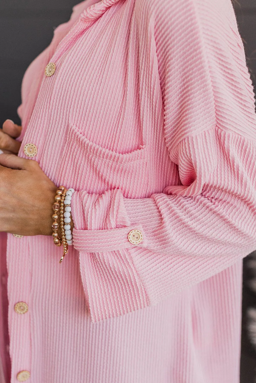Pink Roll Tab Sleeve Ribbed Cording Shacket