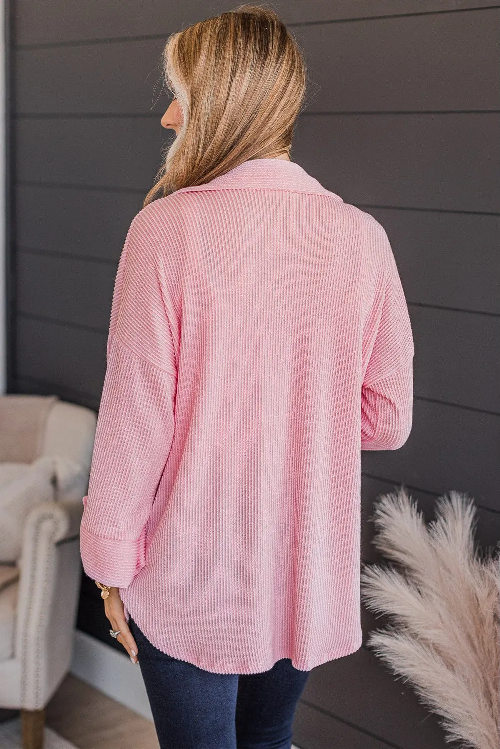 Pink Roll Tab Sleeve Ribbed Cording Shacket