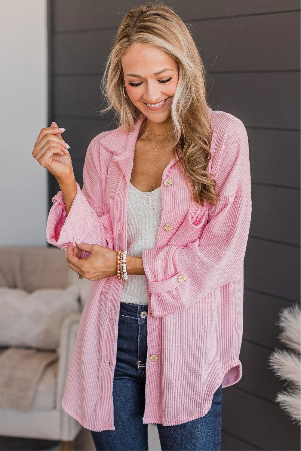 Pink Roll Tab Sleeve Ribbed Cording Shacket