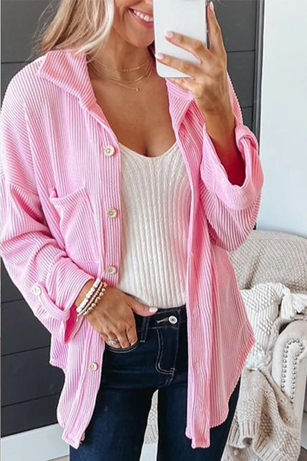 Pink Roll Tab Sleeve Ribbed Cording Shacket