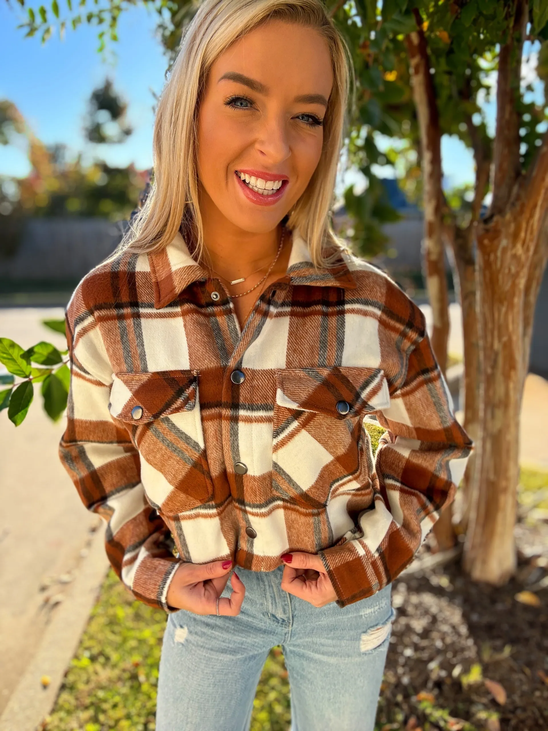 Plaid Cropped Shacket - Terracotta