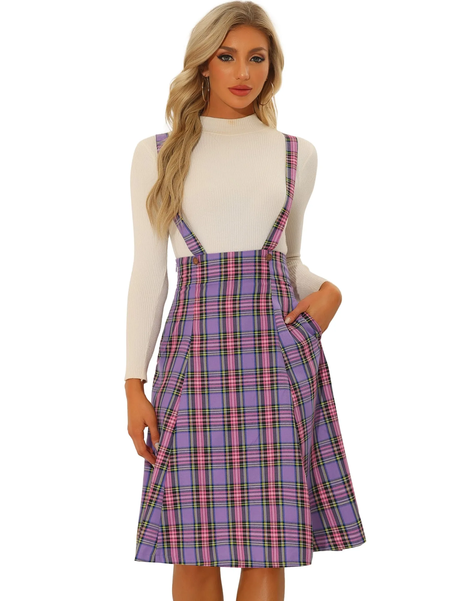Plaid Overall Tartan Pinafore Suspender Midi Skirt