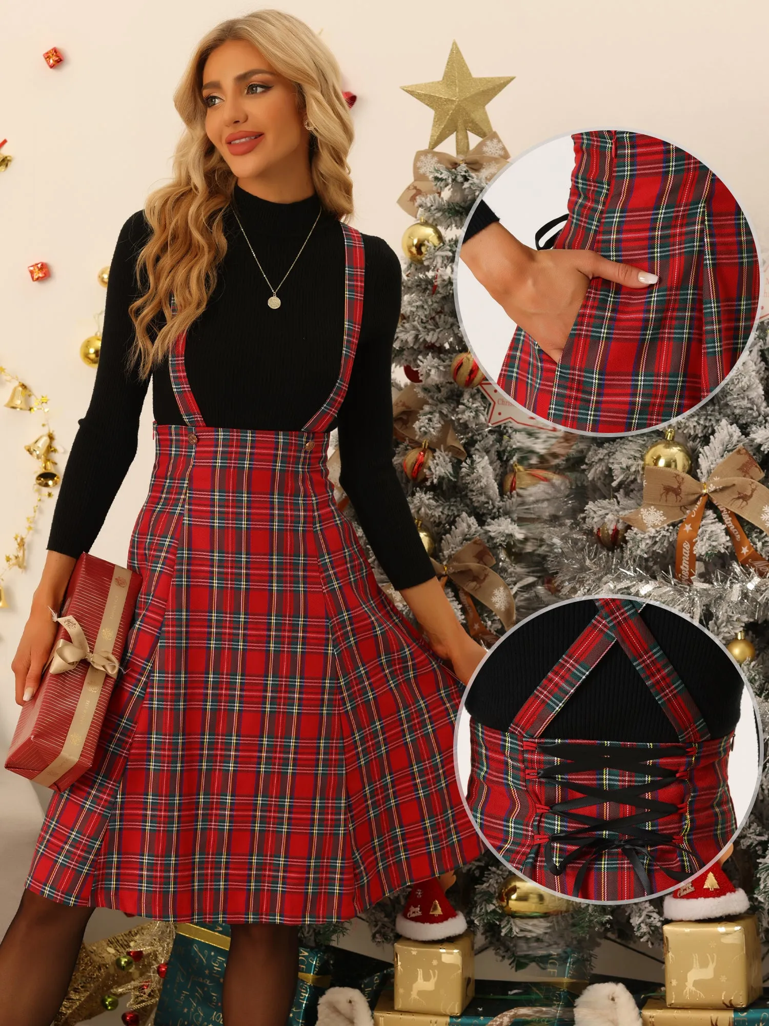 Plaid Overall Tartan Pinafore Suspender Midi Skirt
