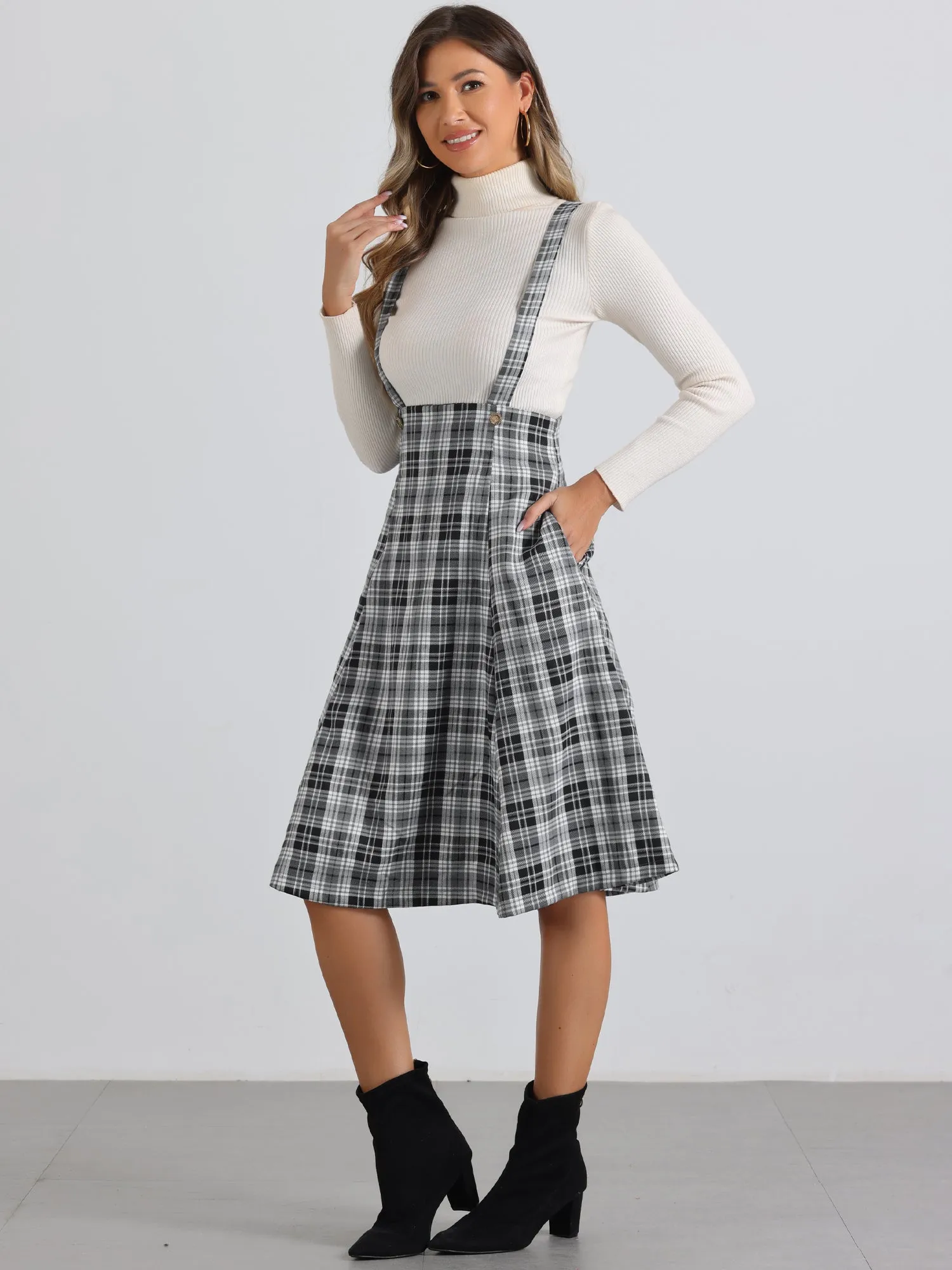 Plaid Overall Tartan Pinafore Suspender Midi Skirt