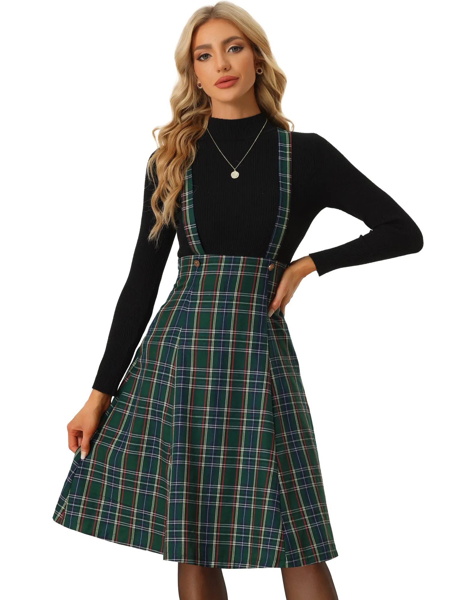 Plaid Overall Tartan Pinafore Suspender Midi Skirt