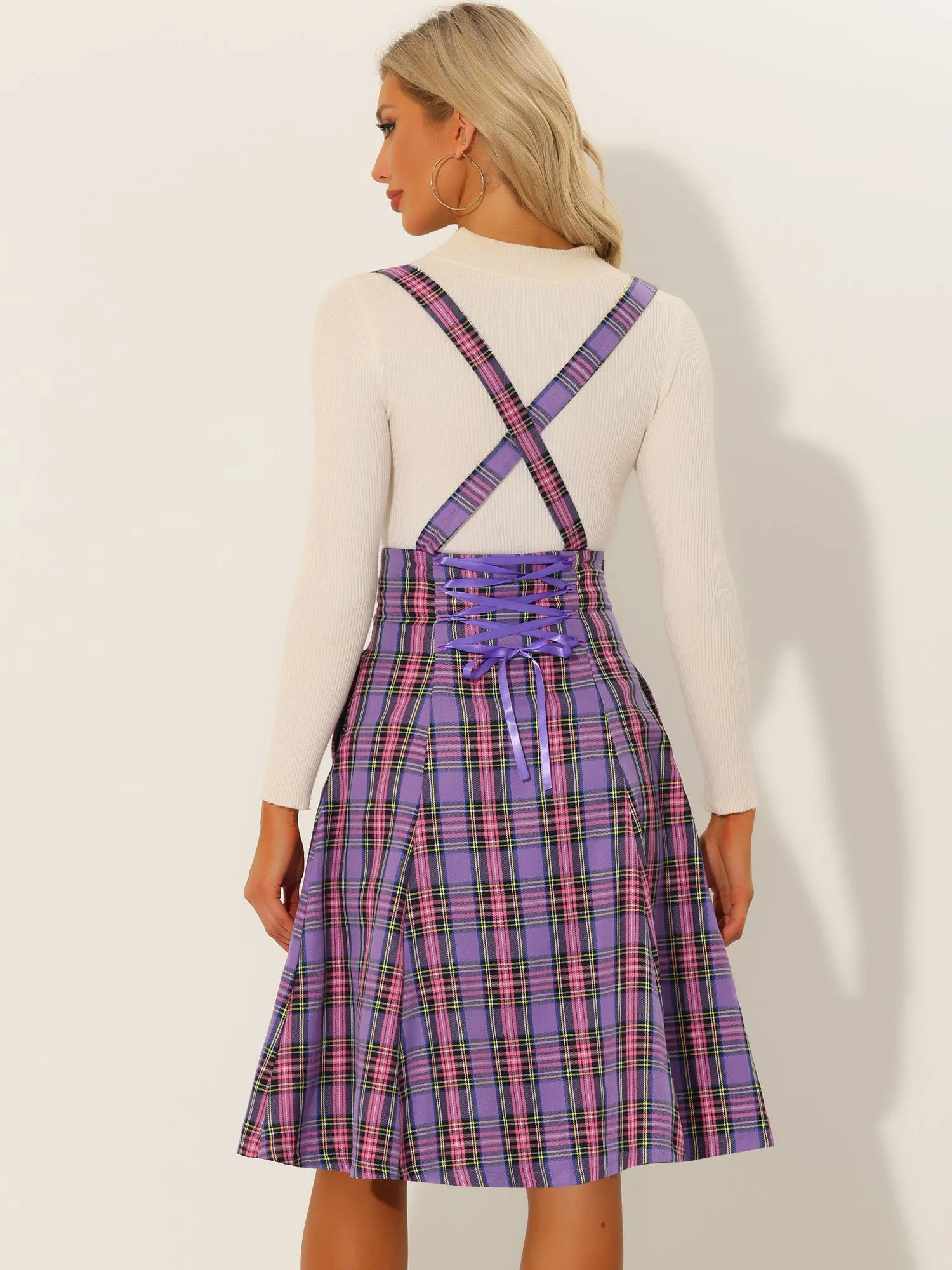 Plaid Overall Tartan Pinafore Suspender Midi Skirt