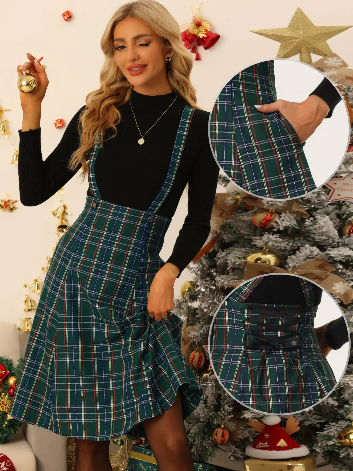 Plaid Overall Tartan Pinafore Suspender Midi Skirt