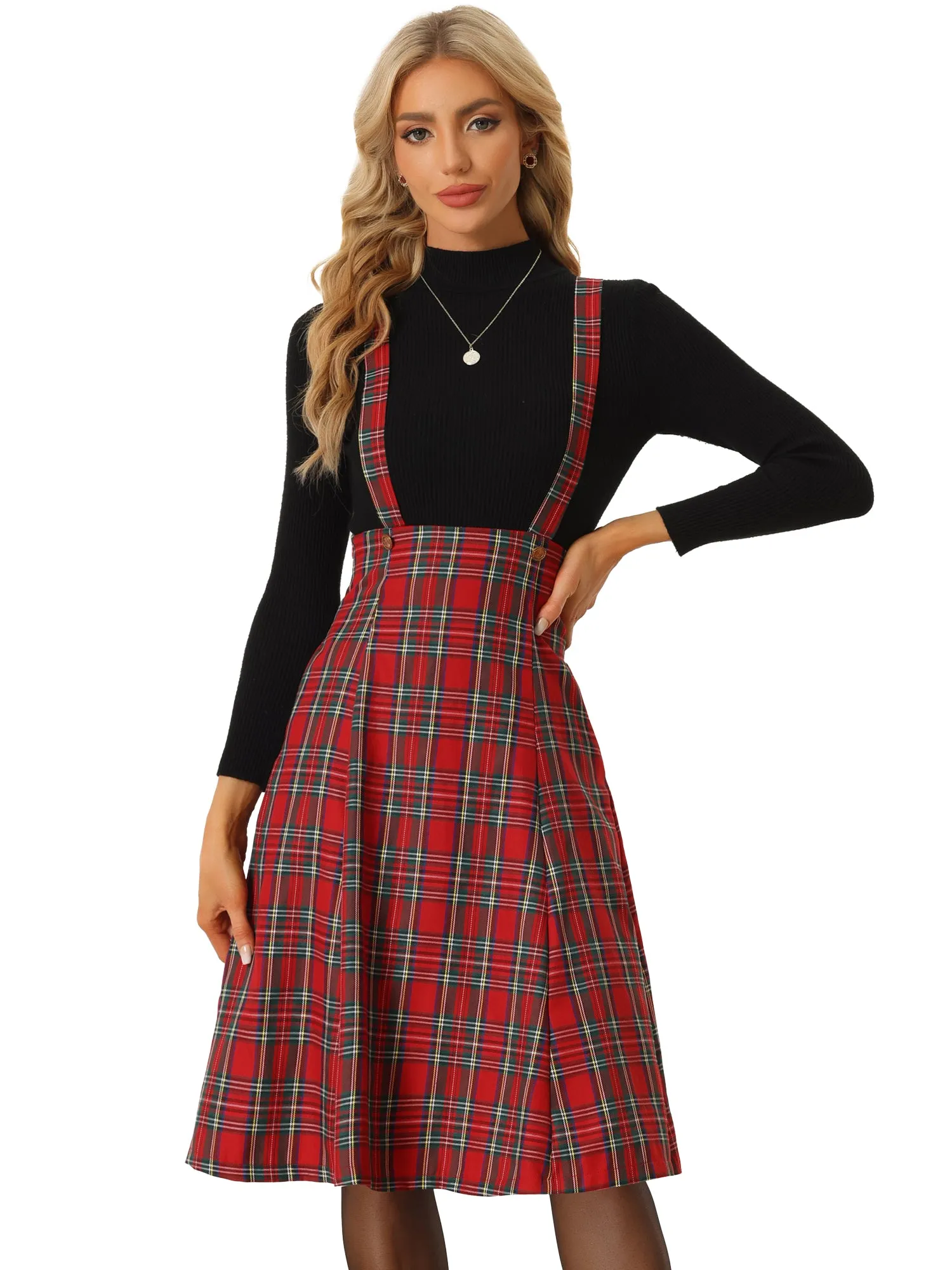Plaid Overall Tartan Pinafore Suspender Midi Skirt