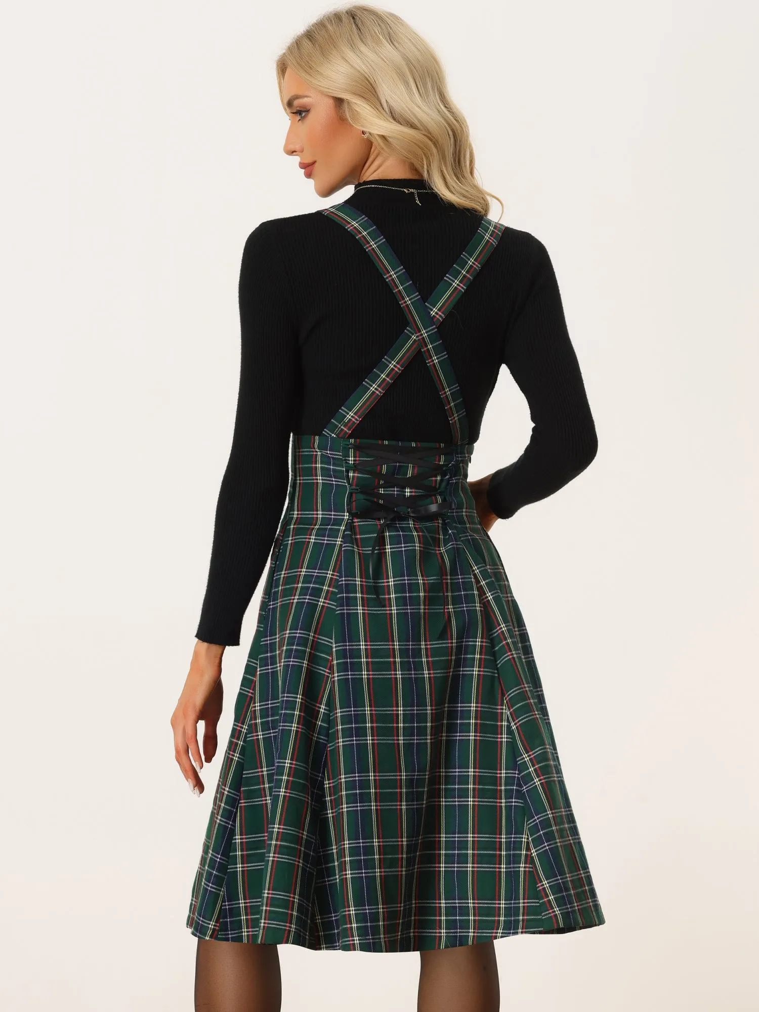Plaid Overall Tartan Pinafore Suspender Midi Skirt