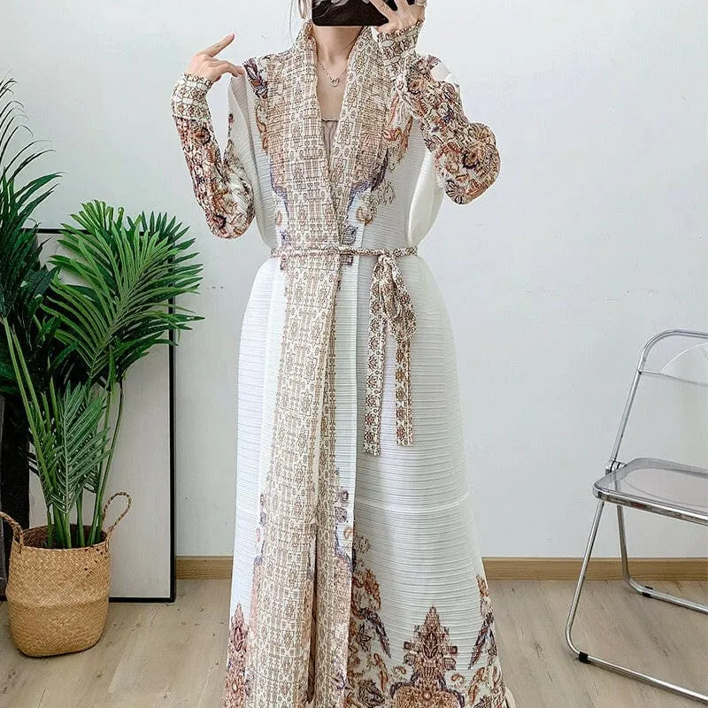 Pleated Coat Cape Arabic Robe with Floral and Geometric Patterns