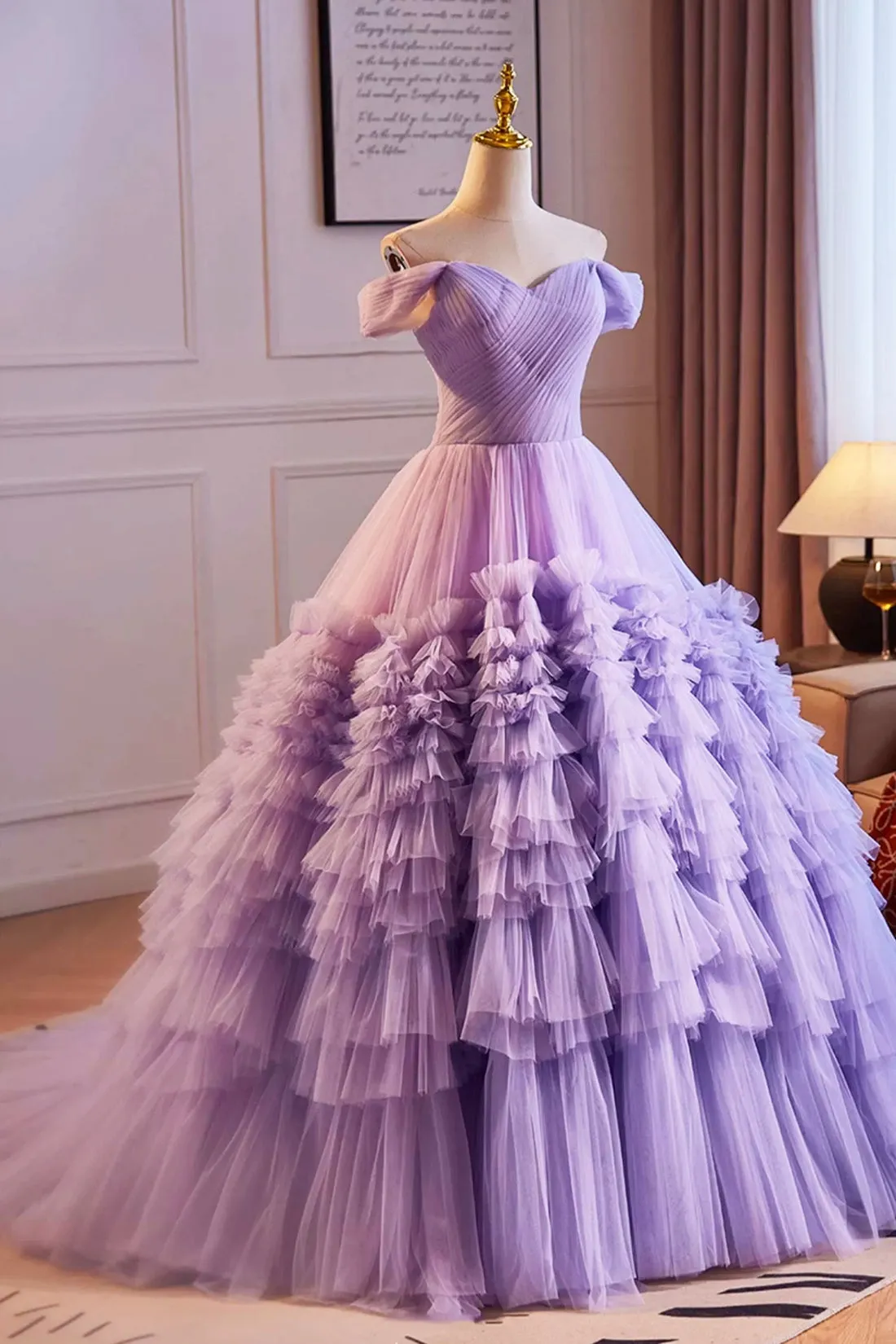 Purple Off the Shoulder Tiered Ruffles Long Ball Grown, A-Line Purple Prom Formal Party Dresses