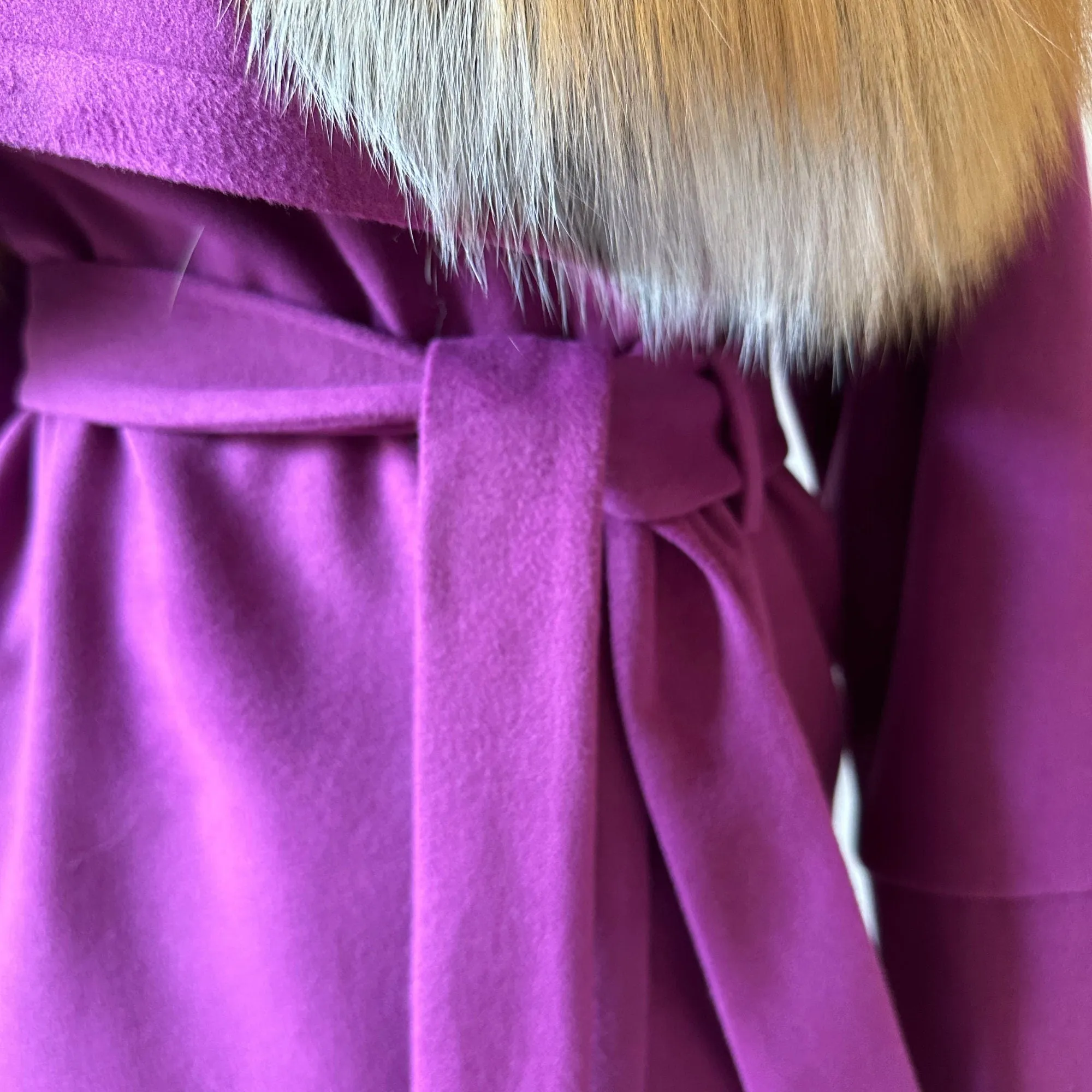 Purple Wrap Elegant Women coat, Long Belted Feminine Overcoat Trim Fox Fur, Woolen blend Coat Wrap