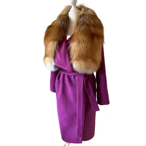 Purple Wrap Elegant Women coat, Long Belted Feminine Overcoat Trim Fox Fur, Woolen blend Coat Wrap