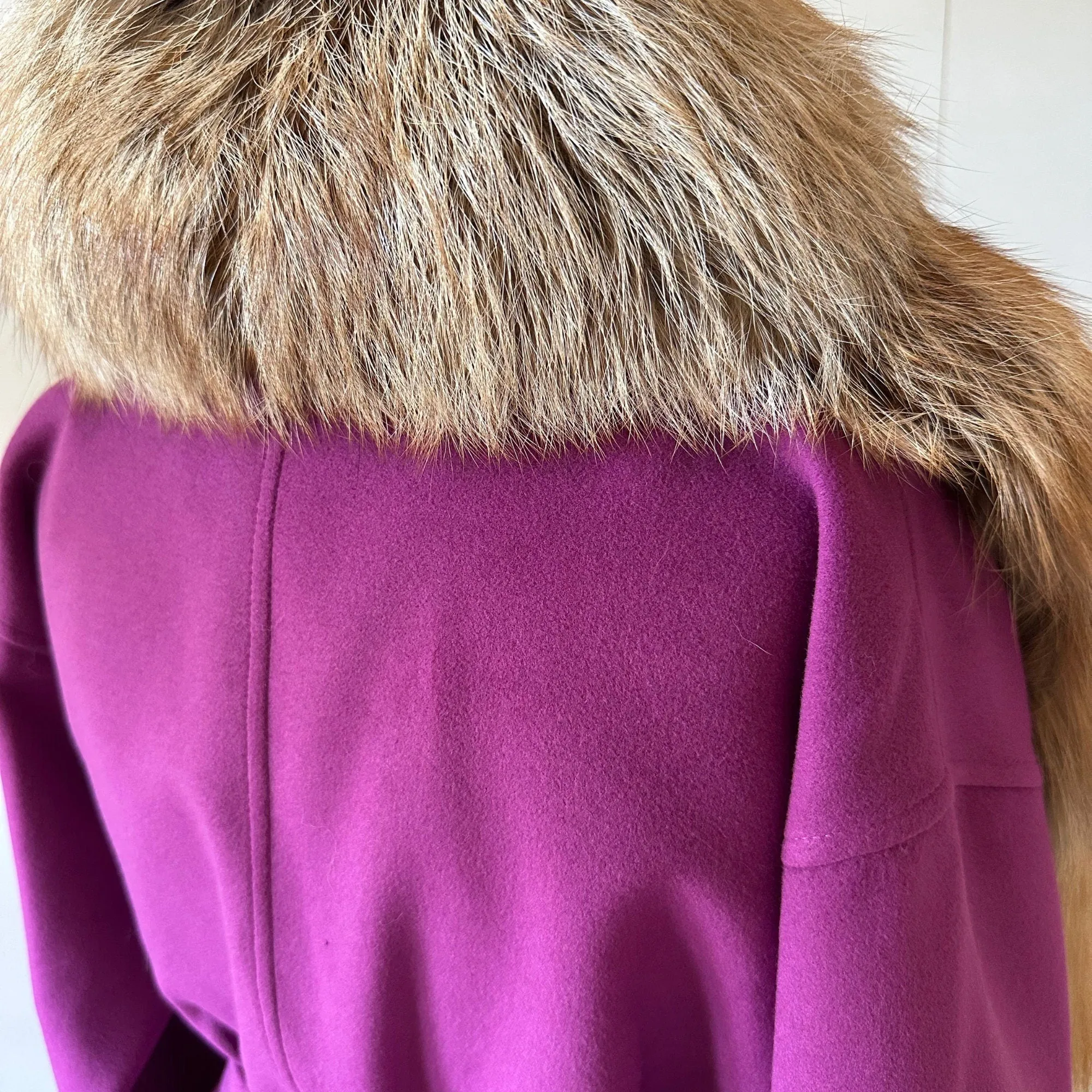 Purple Wrap Elegant Women coat, Long Belted Feminine Overcoat Trim Fox Fur, Woolen blend Coat Wrap