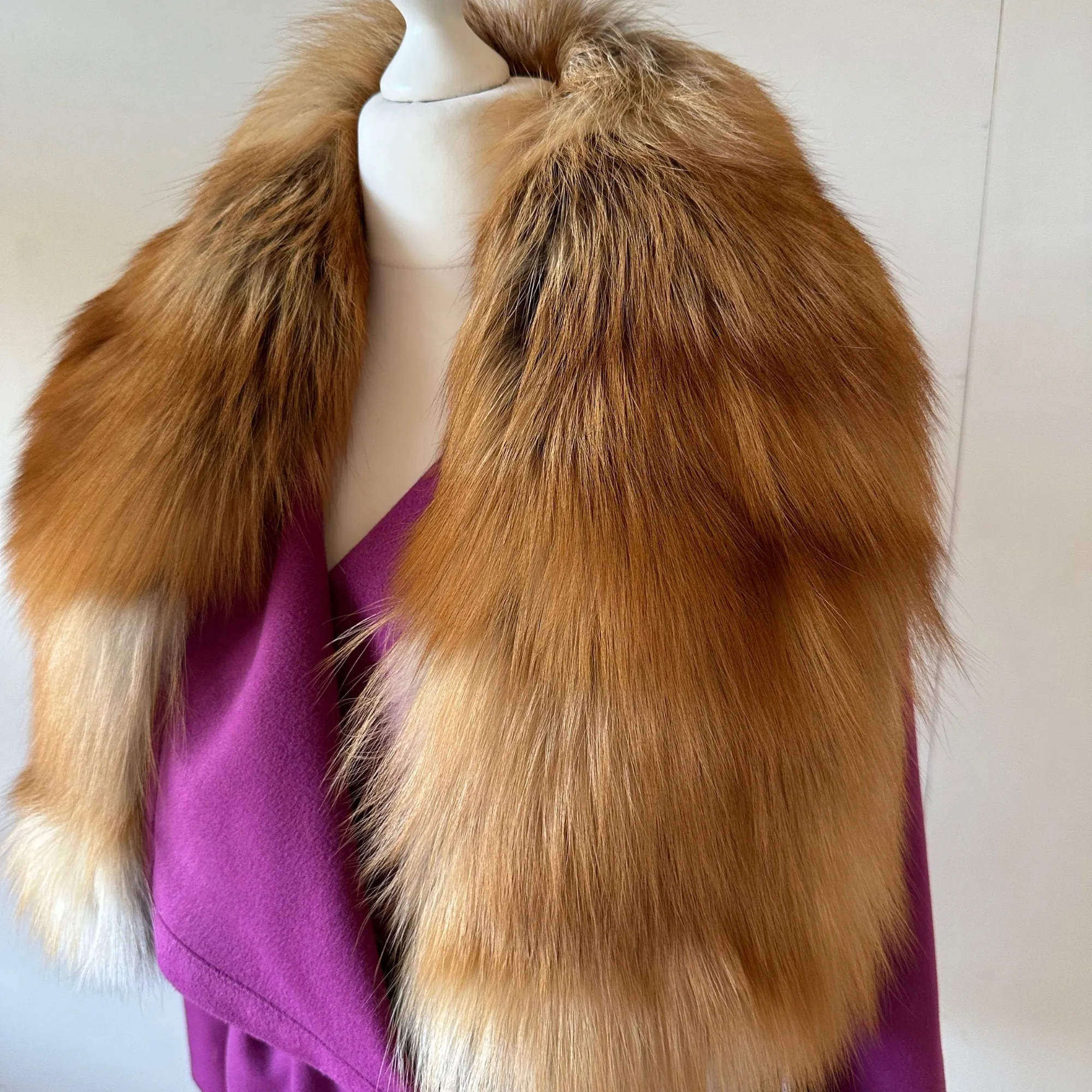 Purple Wrap Elegant Women coat, Long Belted Feminine Overcoat Trim Fox Fur, Woolen blend Coat Wrap