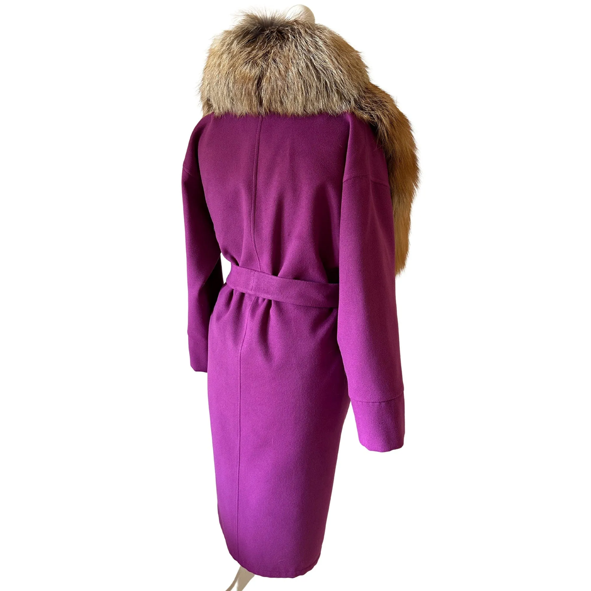 Purple Wrap Elegant Women coat, Long Belted Feminine Overcoat Trim Fox Fur, Woolen blend Coat Wrap