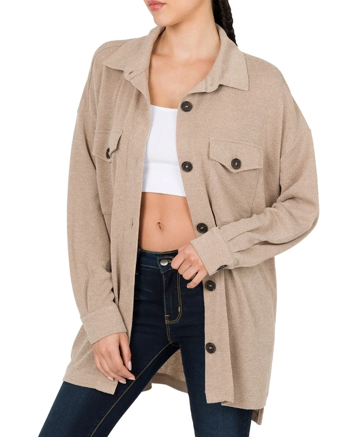 "Becca" Jacquard Oversized Shacket Ash Mocha