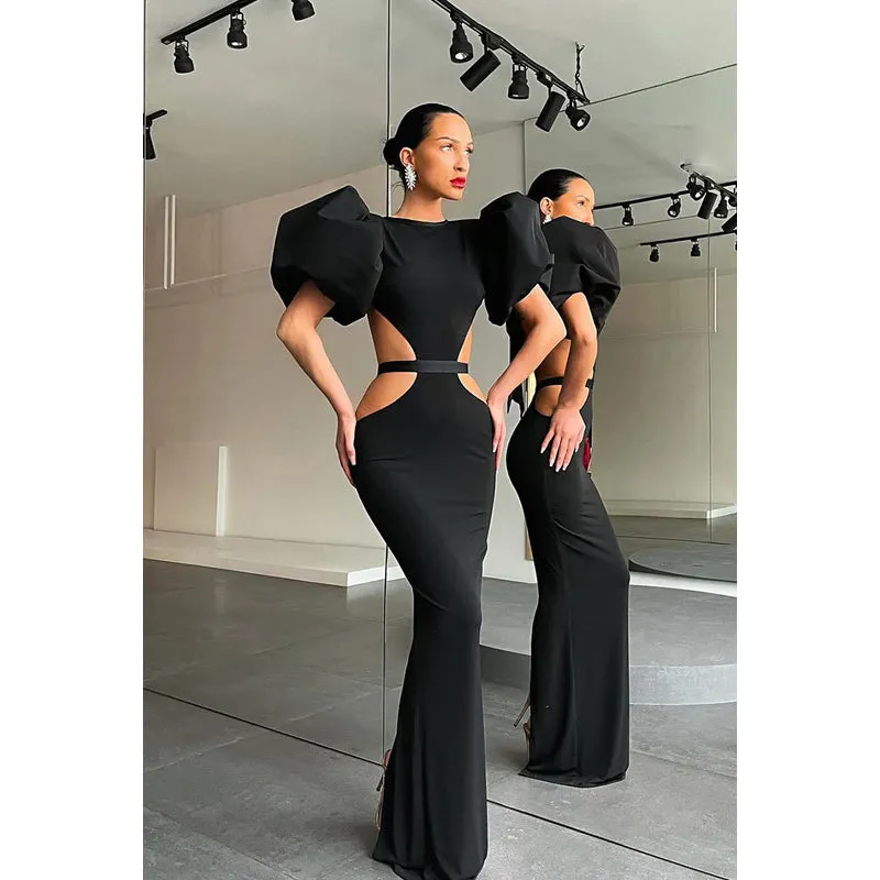 Round Neck Cut Outs Sheath Long Prom Evening Gown With Puff Sleeves