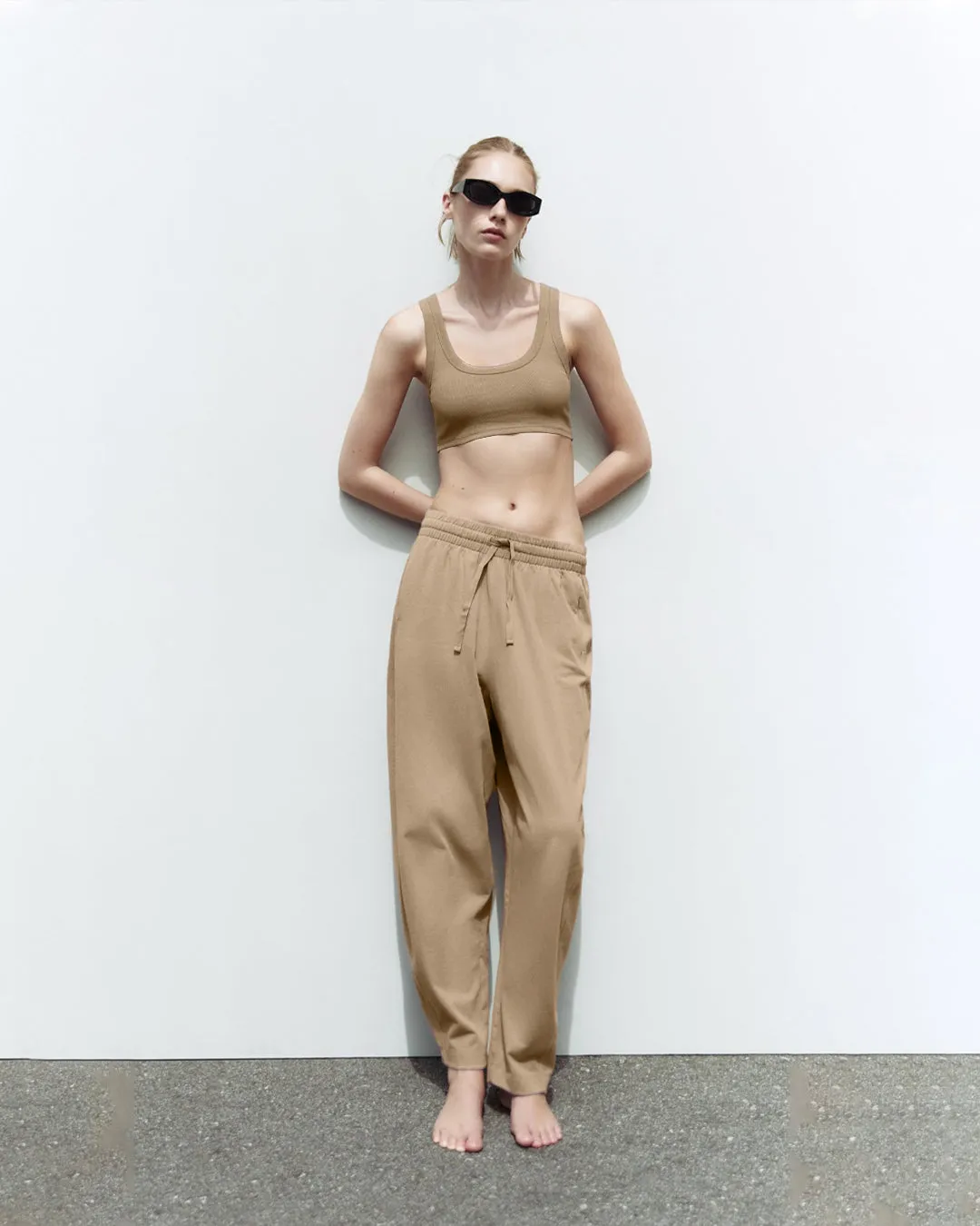 Set Of Two : Corset Style Top & Relaxed Fit Joggers in Light Brown