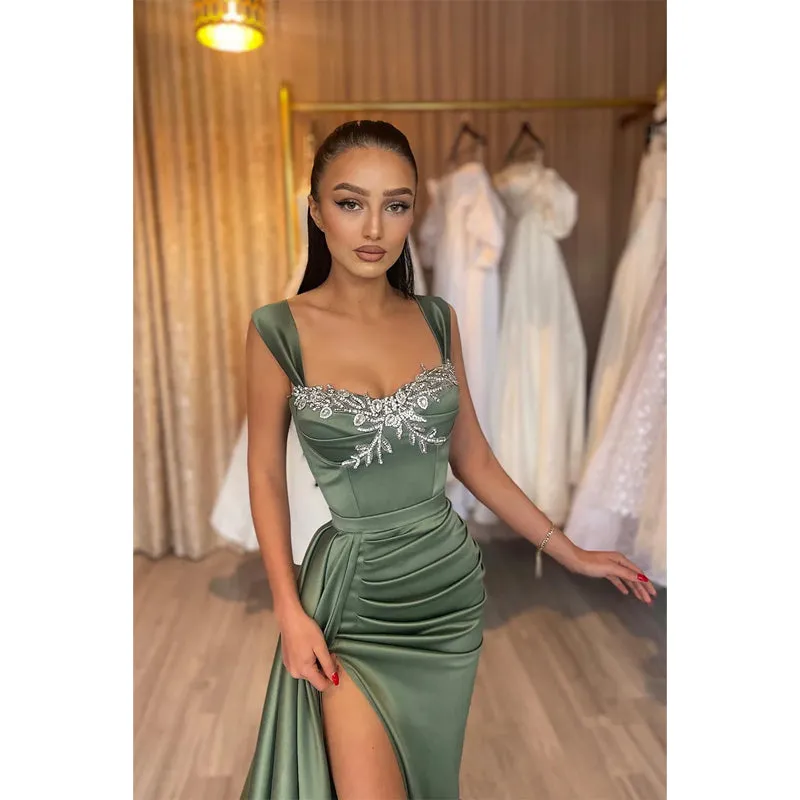 Sheath Double Straps Beads Long Prom Formal Dress
