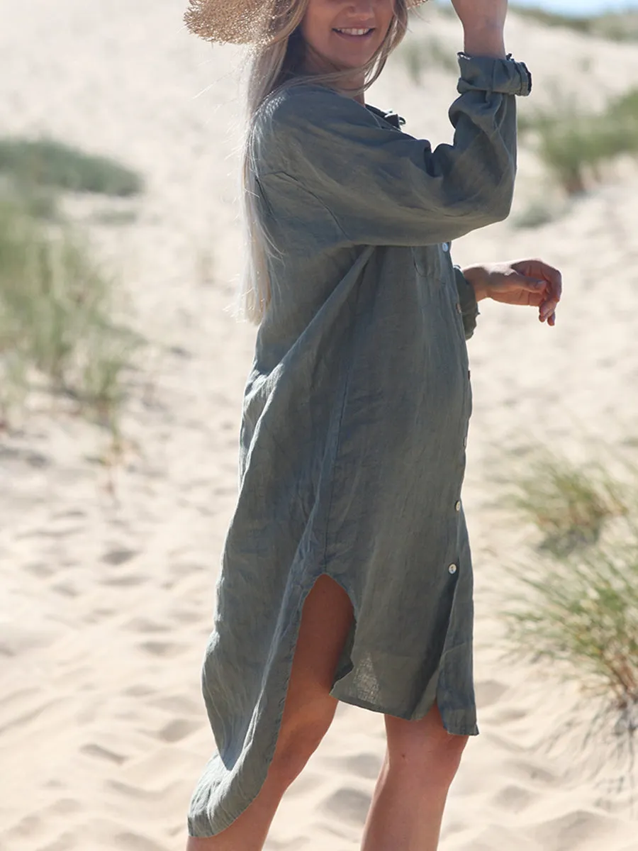 Shirt Collar Solid Color Comfortable Long Sleeve Dress