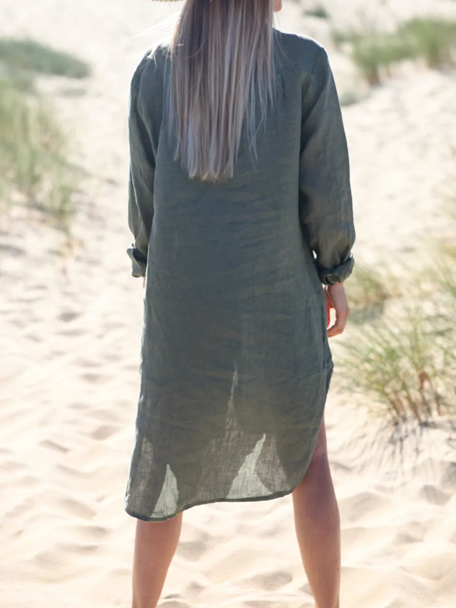 Shirt Collar Solid Color Comfortable Long Sleeve Dress