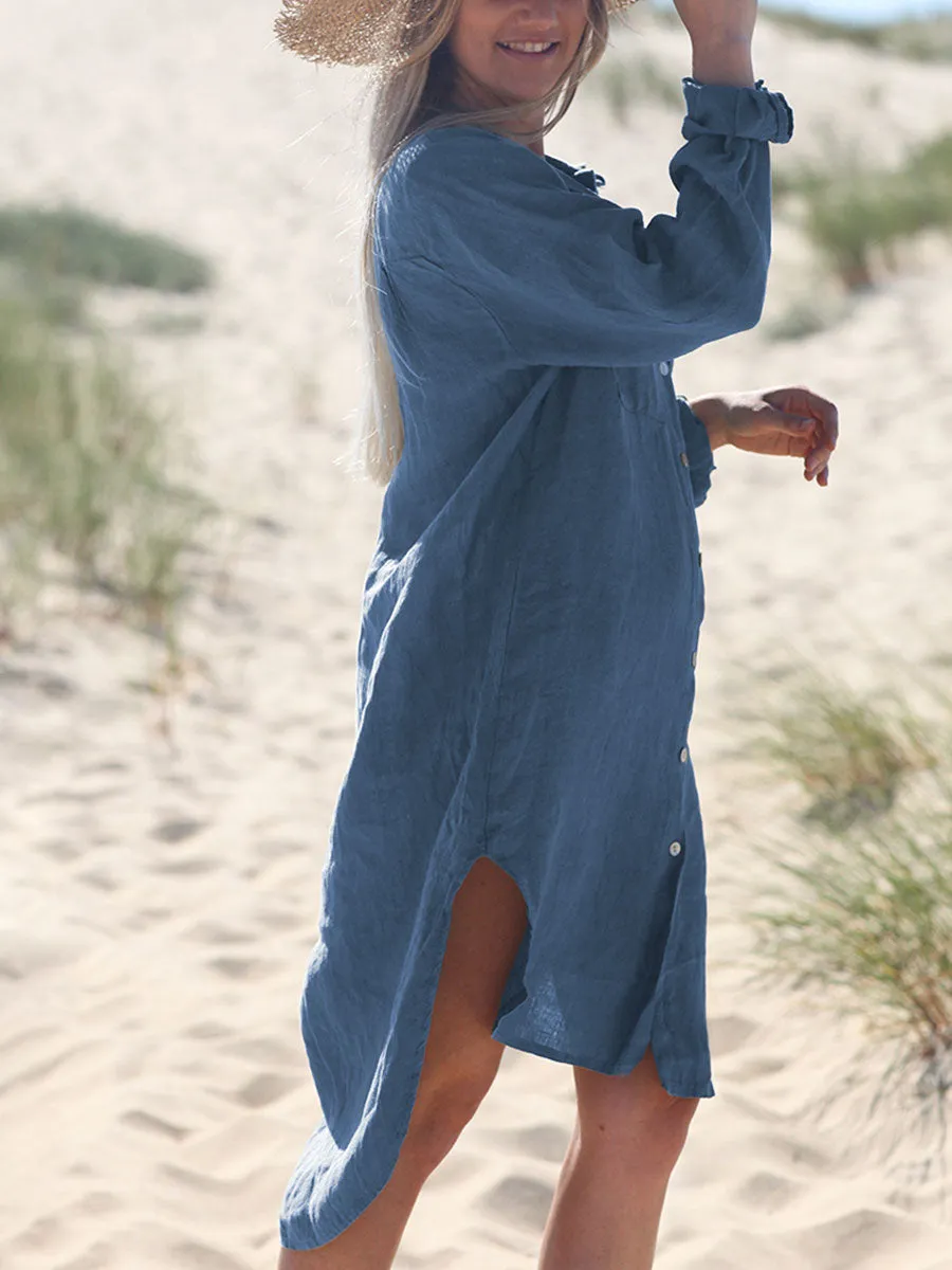 Shirt Collar Solid Color Comfortable Long Sleeve Dress